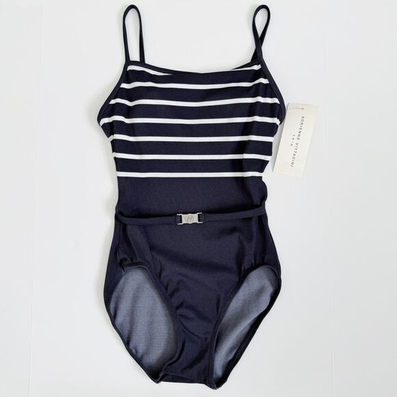 [Adrienne Vittadini] Navy Charcoal Striped Vintage Y2K Belted Swimsuit NWT Sz 6 - Picture 1 of 9